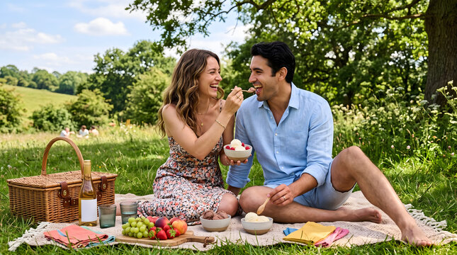 Happy diverse couple enjoying a romantic summer picnic outdoors sharing dessert and laughing in a sunlit field perfect for lifestyle advertising