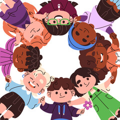 Happy children are holding hands and standing in circle together. Diverse kids in team, community. Cute little friends hugging and looking down bottom view. Flat isolated vector illustration on white