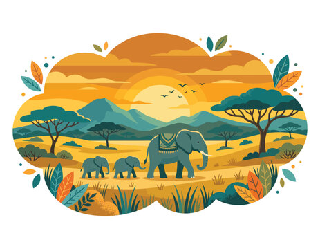 African elephant family walking in the savannah at sunset