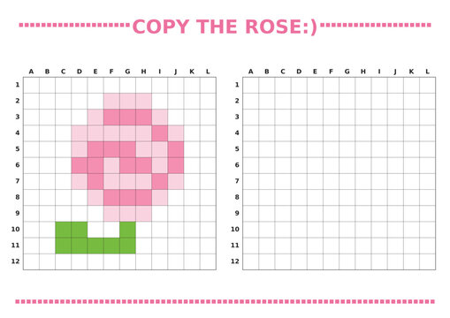 Grid drawing activity page with rose for kids' educational game  