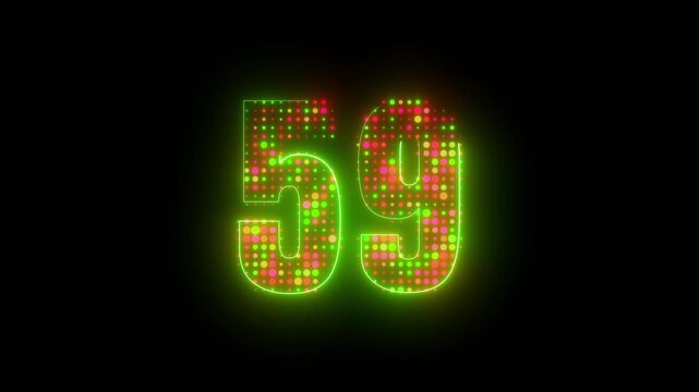 Futuristic glowing digit 59 with vibrant particle pattern isolated on dark background