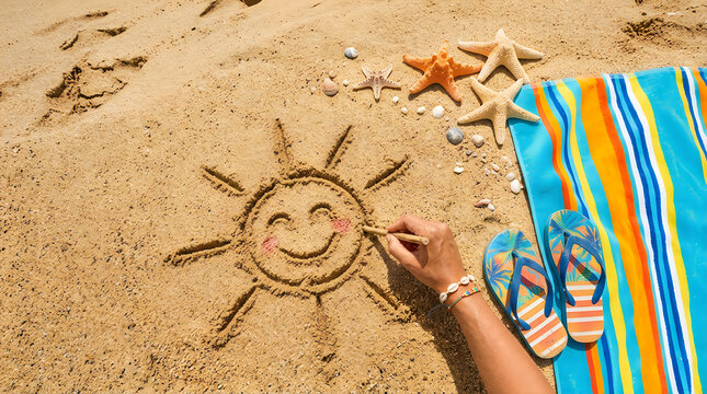 Person drawing a happy sun in the sand at the beach
