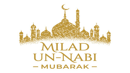 Mosque illustration shines with golden textured detail and includes the traditional celebratory text Milad Un-Nabi Mubarak. © Sadee Girl