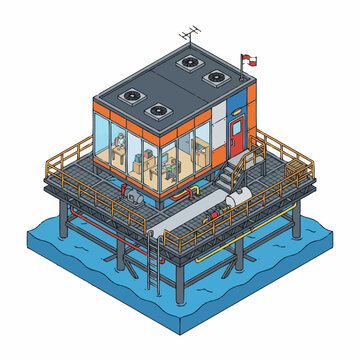 Clean Isometric of Elevated Offshore Oil Platform Control Room with Workers and Equipment with high quality professional line art symbols for modern creative design and digital branding projects