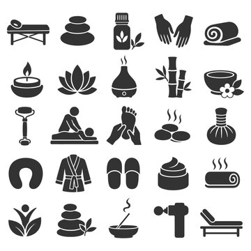 Spa and wellness icons set featuring massage, aromatherapy, and relaxation symbols.