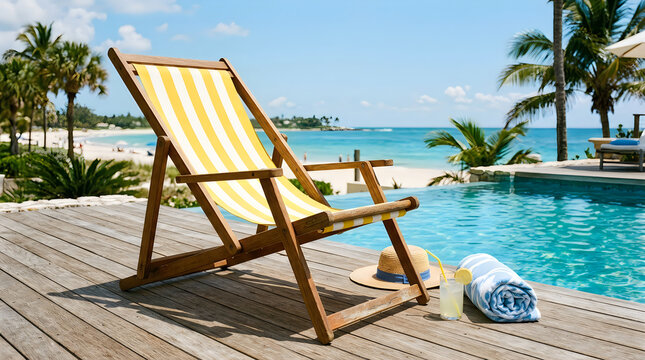 Striped beach chair by a tropical swimming pool