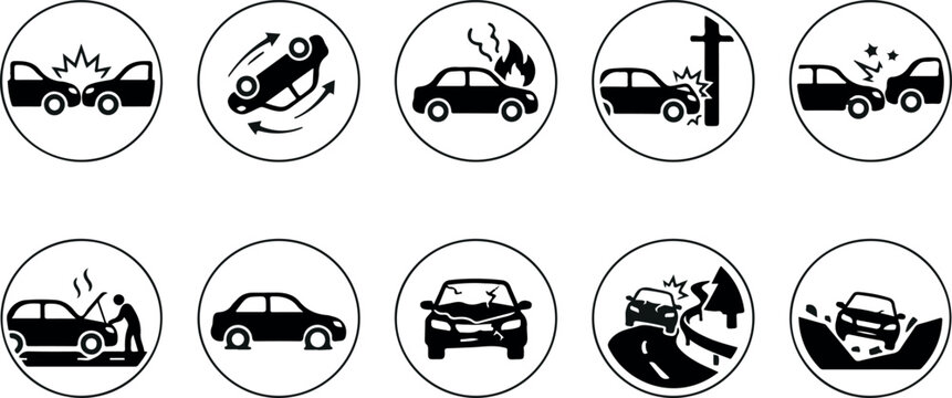A set of ten black and white vector icons depicting various types of car accidents and road safety hazards for automotive insurance and traffic warnings