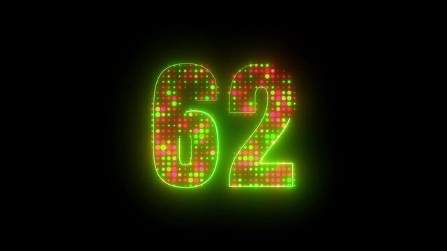 Neon number 62 digital led halftone dot matrix pattern glowing green and red lights on black background 4k video