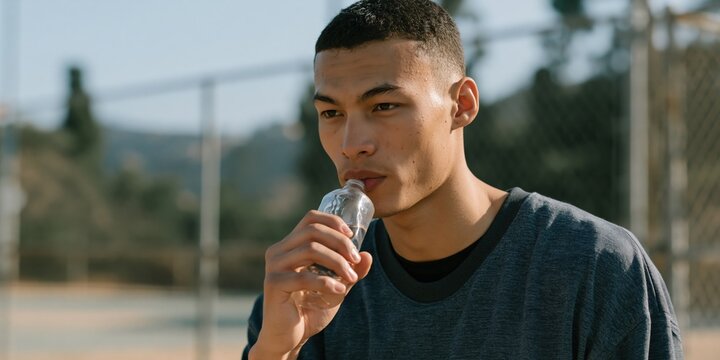 Young man drinking from a bottle on an outdoor sports court for lifestyle portrait, athletic wellness banner and hydration campaign background