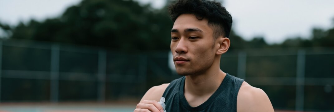 Young man holding a water bottle on an outdoor court for athletic background and banner design highlighting fitness, training, and hydration in sports settings