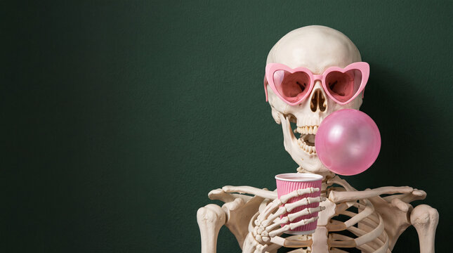 A human skeleton wearing pink heart-shaped sunglasses blows a bubble with pink gum. The background is a solid dark green color.