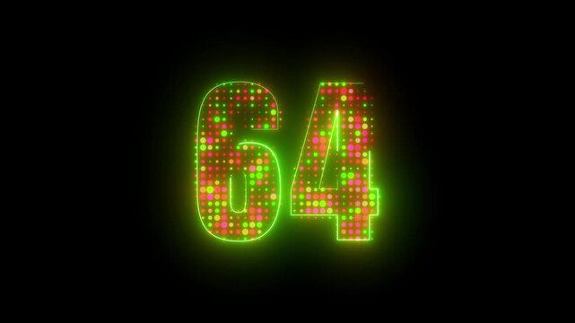 Number 64 neon green glowing led dots halftone texture light animation on dark black background motion graphic 4k video