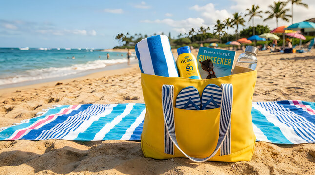 Yellow beach bag with summer accessories on sandy beach