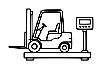 Naklejka premium Hand-drawn vector icon illustration of a forklift with operator on industrial weighing scale platform, logistics and warehouse material handling equipment line art style graphic