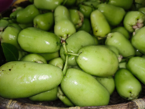 Fresh green water apples in a basket. Organic wax apples harvested for healthy food market.