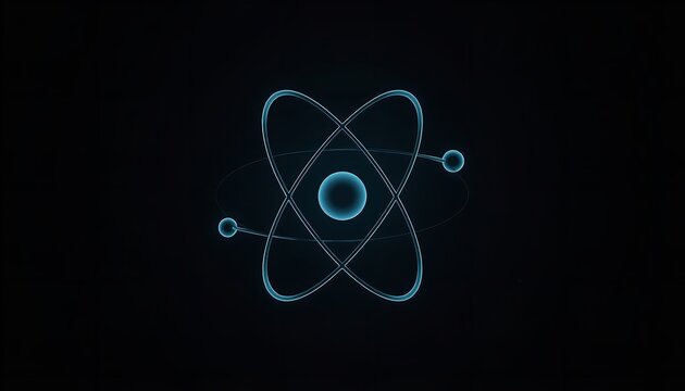 Glowing blue atom model illustration showing a central nucleus with orbiting electrons against a deep dark minimalist black background space