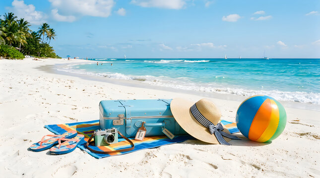 Summer beach accessories and cooler on tropical sand