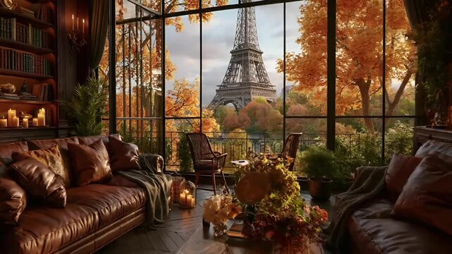 Paris, France, Europe. A detailed, realistic depiction of a cozy living room with a panoramic view of the Eiffel Tower. The room is furnished with plush leather sofas, a wooden coffee table.
