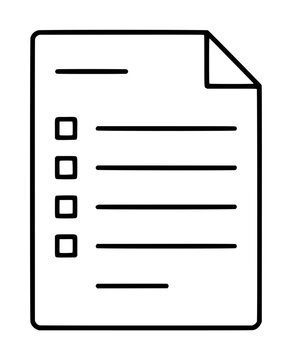 Hand-traced vector illustration of a checklist requisition form document icon with checkboxes and lined text rows, minimalist black outline style for office and business design use