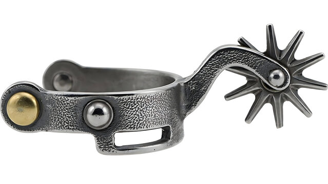 Closeup of a silver cowboy spur with brown leather straps isolated on transparent background, showcasing intricate design and western heritage
