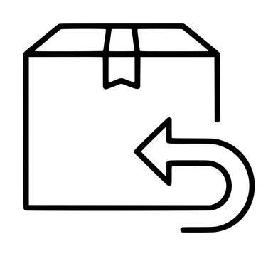 Hand-drawn black outline vector icon of a sealed delivery cardboard parcel box with a curved return arrow looping back, isolated on white background, minimalist illustration