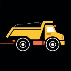 Fototapeta premium a yellow dump truck in side view, construction vehicle with tipping cargo bed, bold black outlines,