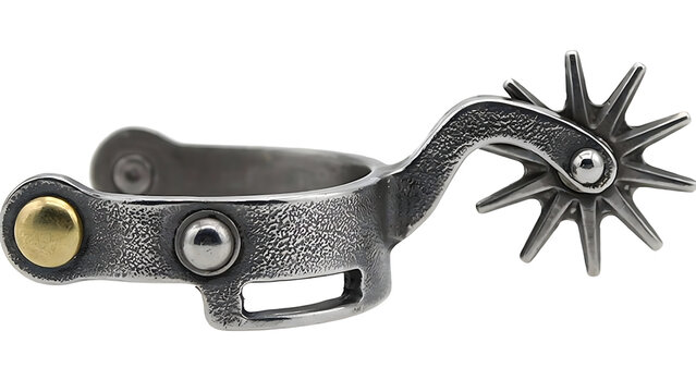 Closeup of a silver cowboy spur with brown leather straps isolated on transparent background, showcasing intricate design and western heritage
