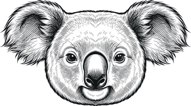 Detailed koala bear head illustration with wildlife portrait illustration australia marsupial monochrome