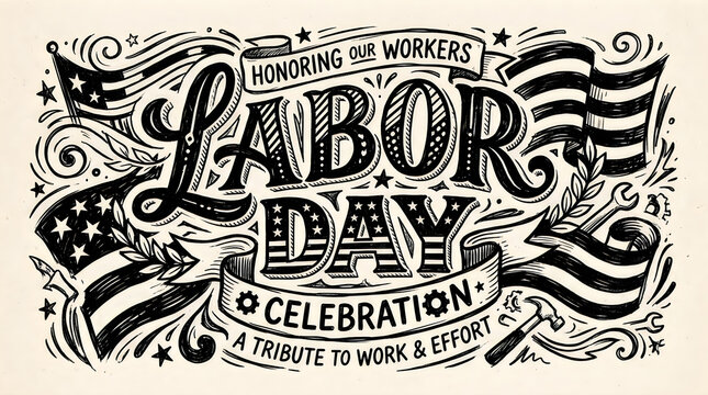 Labor day celebration hand drawn lettering and usa flags