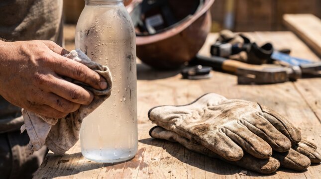 Worker Wiping Water Bottle During Heatwave Safety Precautions