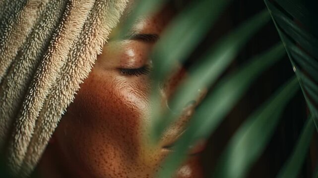 Close up static shot: A woman with a towel on her head, eyes closed, surrounded by lush green leaves, embodying natural relaxation.