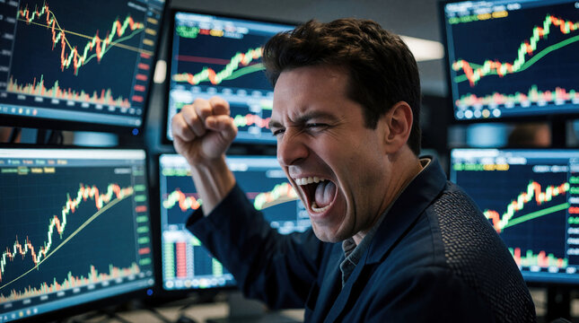 Young trader celebrates success at stock exchange office. Man screams with joy watching rising graphs on computer screens. Pro investor makes money in crypto market. Businessman feels excitement,