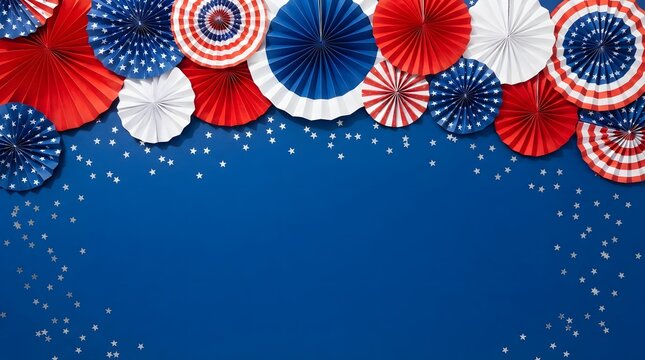 Patriotic fourth of july celebration background with red white and blue paper fans and confetti