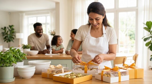 Happy family arranging festive desserts for India's Independence Day celebration