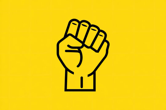 Raised fist gesture linear icon yellow background . Thin line illustration. Squeezed hand. Contour symbol. Vector isolated outline drawing 