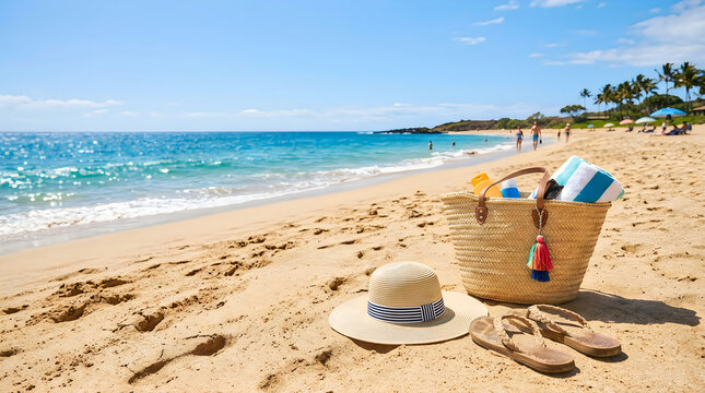 Straw beach bag and hat on sand at the tropical ocean shore