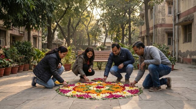 People Arranging Vibrant Floral Art for India's Independence Day Celebration Outdoors