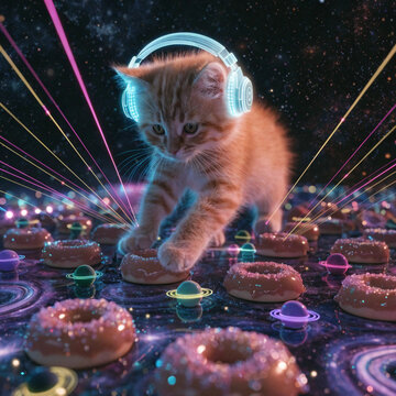 Fluffy ginger kitten acting as a DJ in outer space behind a console made of glowing galaxies and neon planets. Humorous surreal cosmic party concept with laser beams