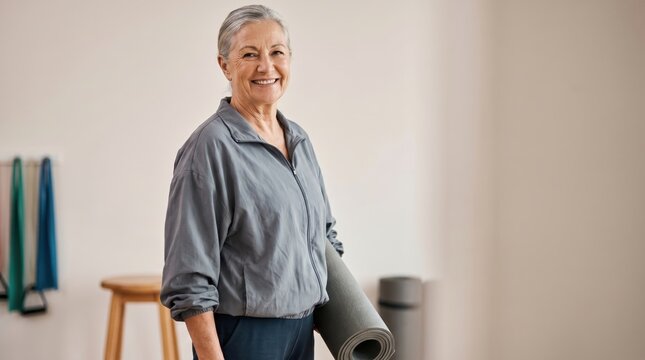 Senior Woman with Yoga Mat Ready for Activity on Senior Citizen Day