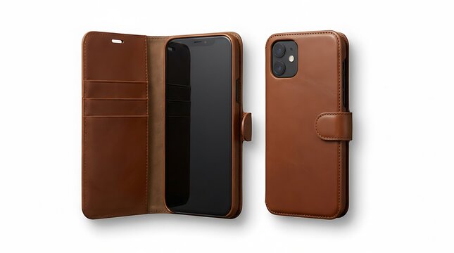 Two brown leather wallet cases for a smartphone showing front cover and open interior card holder view. leather iphone case