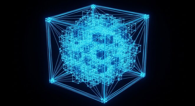 Abstract Neon Blue 3D Wireframe Cube Structure with Inner Fractal Network of Cubes and Spheres