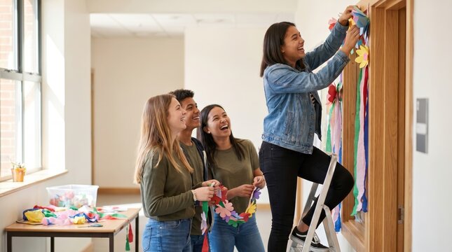 Students joyfully decorate classroom for India's Independence Day celebration