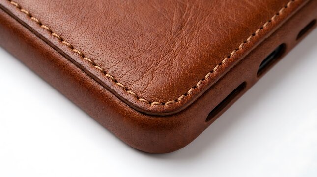Close up of a brown leather phone case cover with visible stitching detail for a modern smartphone unit. leather iphone case