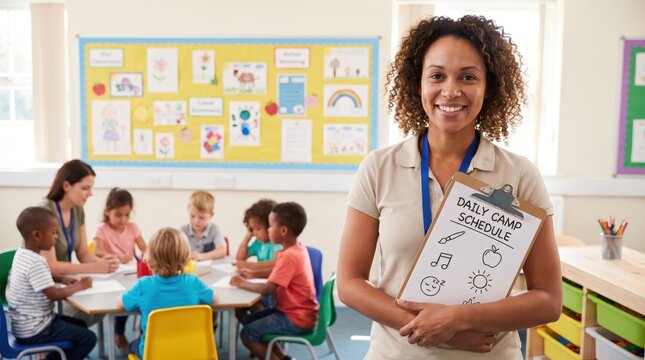 Teacher With Summer Childcare Schedule Overseeing Children