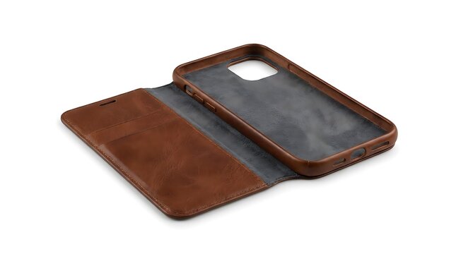 Open brown leather wallet phone case cover for modern smartphone device showing interior pocket design. leather iphone case