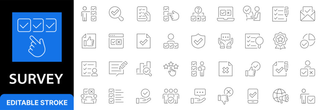 Online survey and feedback checklist line icon set. Questionnaire voting, customer satisfaction, form test and review analysis outline symbols. Editable stroke.