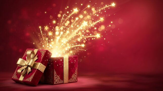 A festive red gift box opening with magical golden light sparks exploding from inside against a dark red background for celebration
