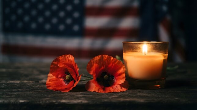 Red poppy flowers and a glowing candle placed on a wooden surface with an american flag background