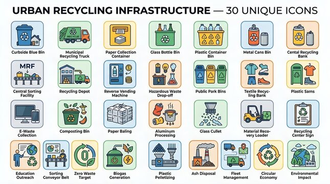 Urban recycling infrastructure icons set
