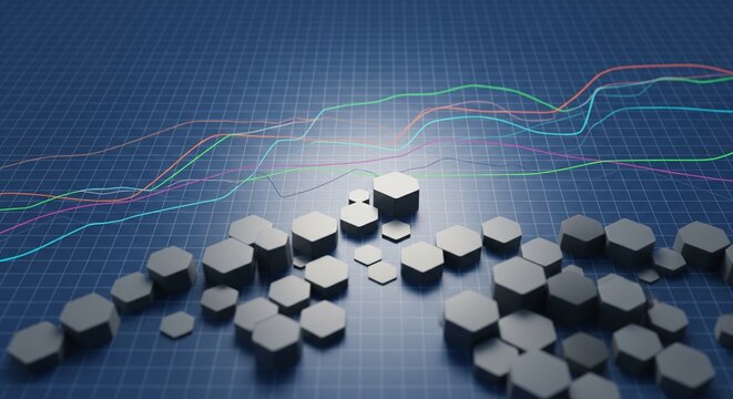 Abstract Futuristic Data Visualization with Hexagons and Colorful Stock Market Trends on Blue Grid
